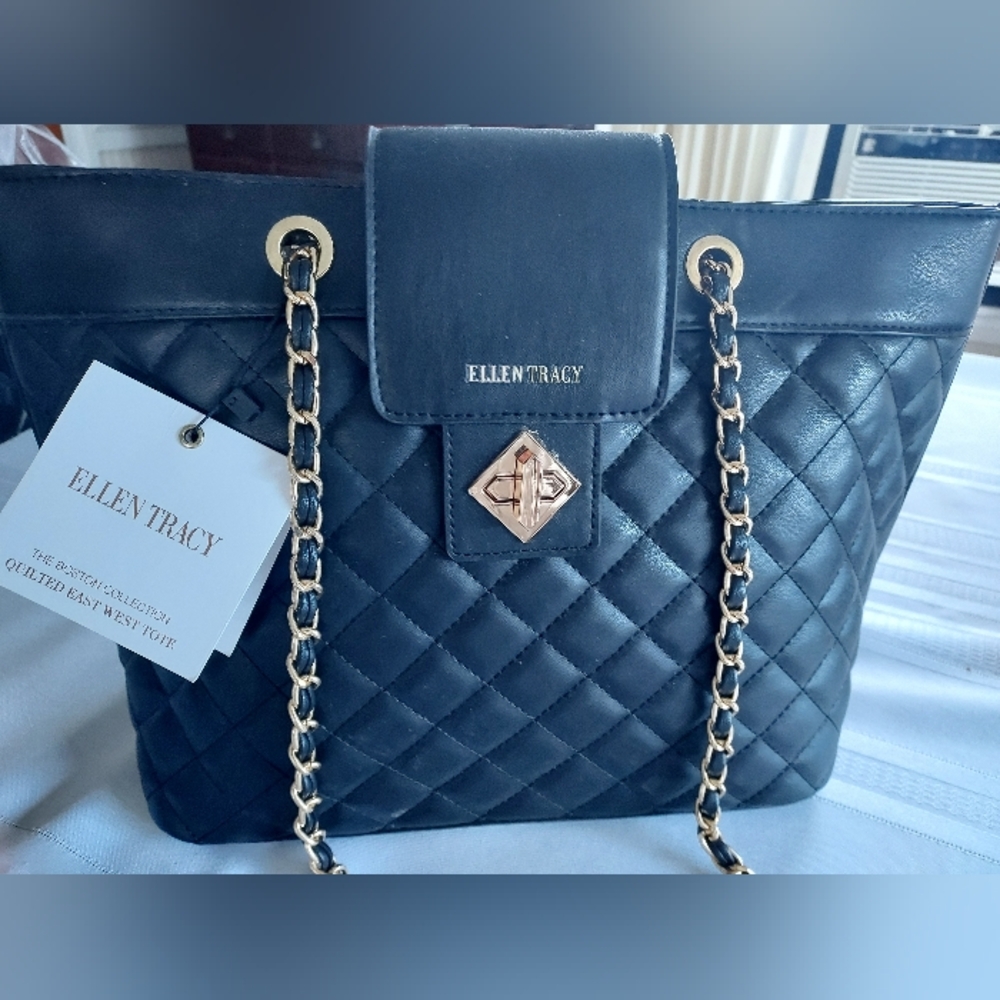 Ellen Tracy Black Quilted Tote with Gold Chain